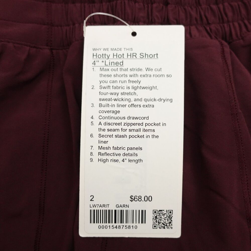 New Lululemon Size 2 Hotty Hot Shorts High Rise HR 4” Lined GARN Garnet - Picture 8 of 8